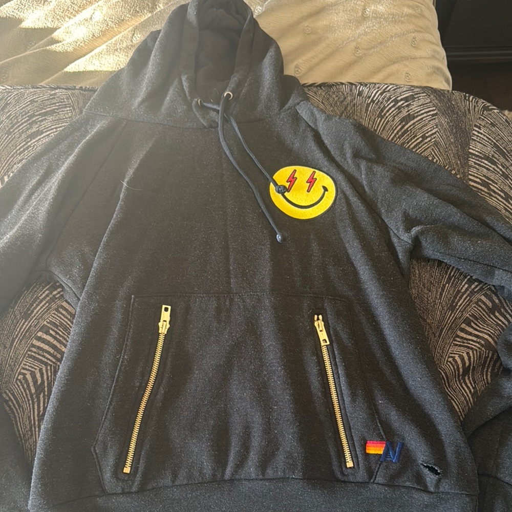 Aviator nation size small. Charcoal gray  Hoodie with Smiley Patch